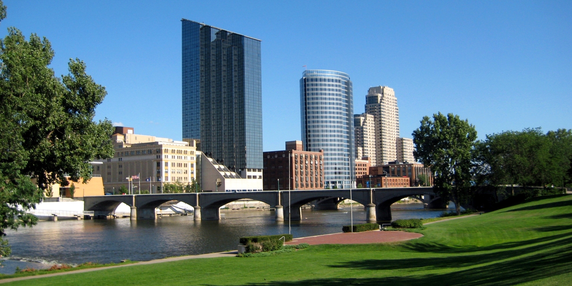Two sides of the Grand River in Grand Rapids, Michigan